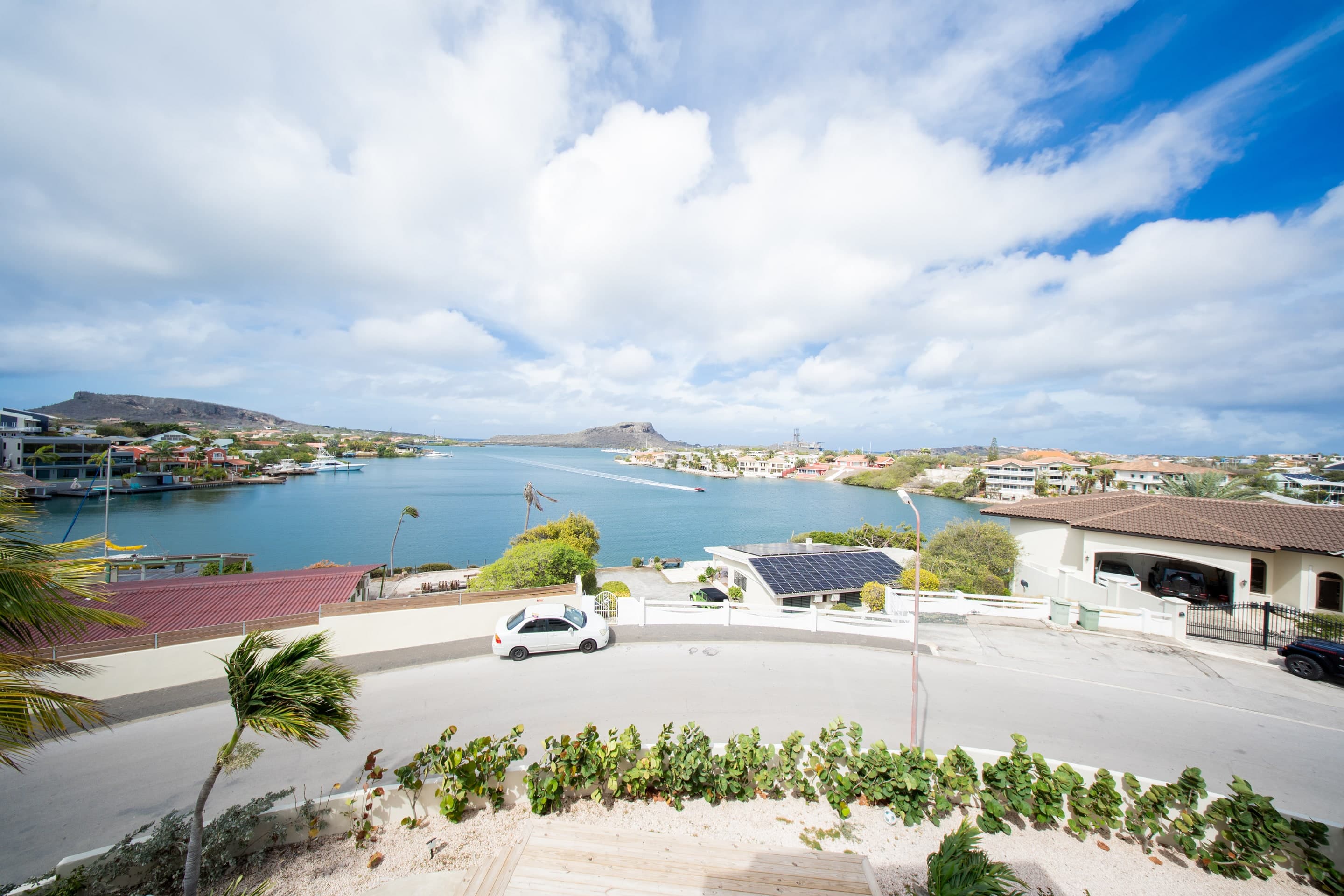 Panoramic view over Spanish Water and Jan Sofat from The Villa Elizabeth in Curaçao